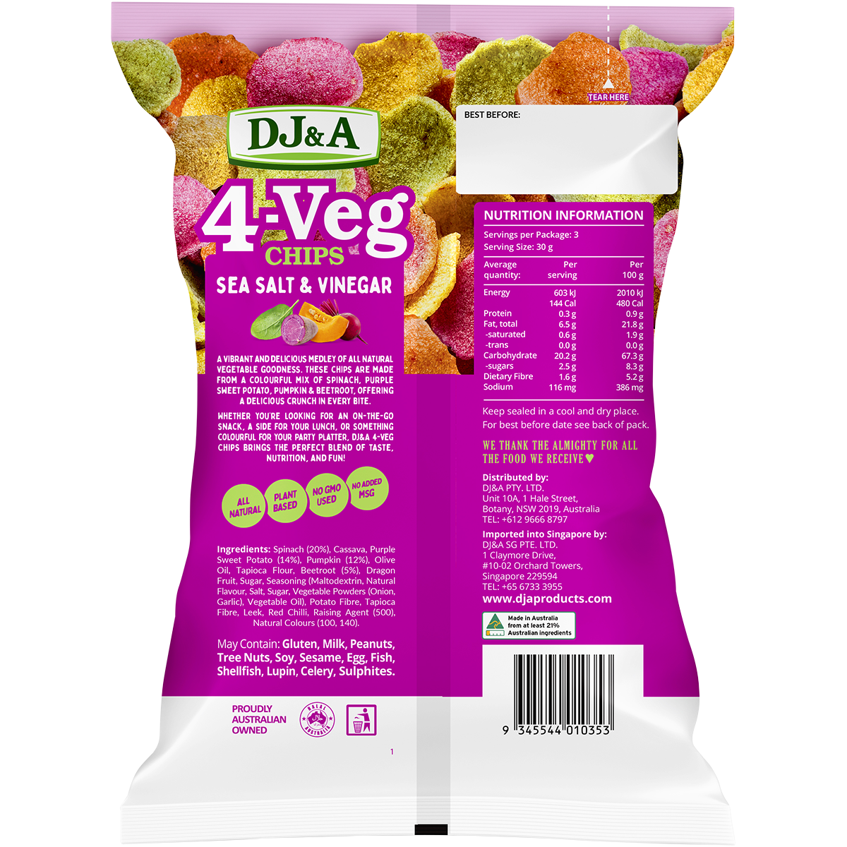 Back of a DJ&A 4-VEG Chips Salt & Vinegar 90g bag showing ingredients, nutrition facts, and barcode.