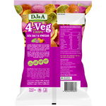 Back of a DJ&A 4-VEG Chips Salt & Vinegar 90g bag showing ingredients, nutrition facts, and barcode.