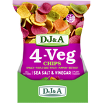 Display box containing five 90g bags of DJ&A Salt & Vinegar 4-VEG Chips with vibrant purple and green packaging.