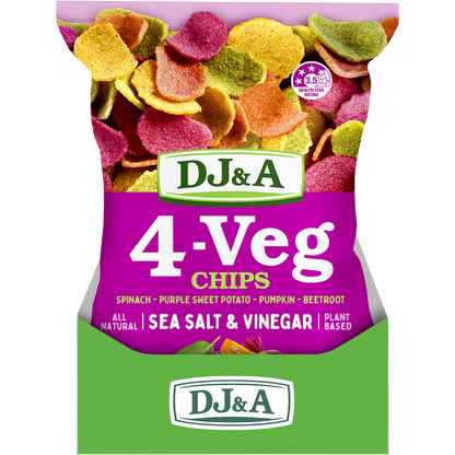 Display box containing five 90g bags of DJ&A Salt & Vinegar 4-VEG Chips with vibrant purple and green packaging.