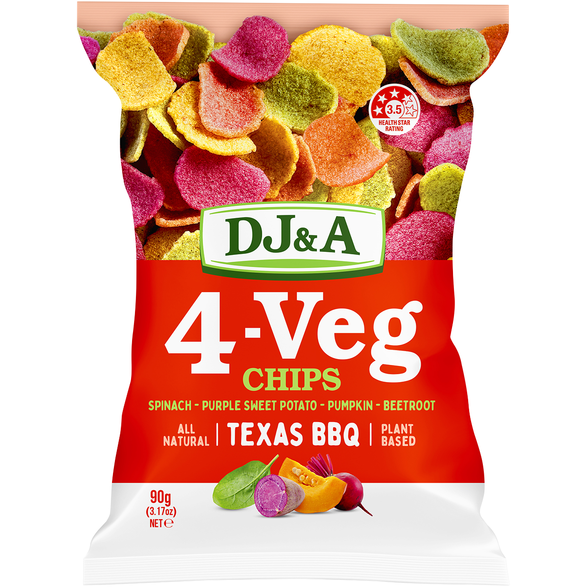 90g bag of DJ&A 4-VEG Chips Texas BBQ featuring a mix of real spinach, sweet potato, pumpkin, and beetroot.