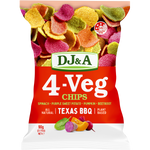 90g bag of DJ&A 4-VEG Chips Texas BBQ featuring a mix of real spinach, sweet potato, pumpkin, and beetroot.
