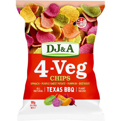 90g bag of DJ&A 4-VEG Chips Texas BBQ featuring a mix of real spinach, sweet potato, pumpkin, and beetroot.