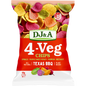 90g bag of DJ&A 4-VEG Chips Texas BBQ featuring a mix of real spinach, sweet potato, pumpkin, and beetroot.