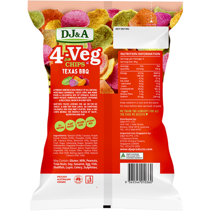 Back of DJ&A 4-VEG Chips Texas BBQ bag showing ingredients, nutrition facts, and barcode on a white background.