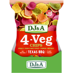 Five 90g bags of DJ&A 4-VEG Chips Texas BBQ arranged in a group display on a white background.
