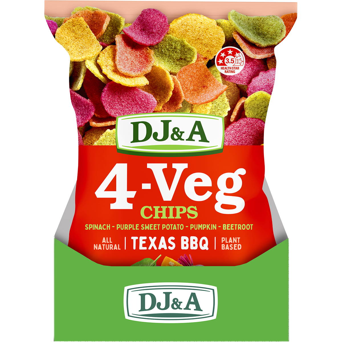 Five 90g bags of DJ&A 4-VEG Chips Texas BBQ arranged in a group display on a white background.