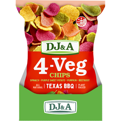Five 90g bags of DJ&A 4-VEG Chips Texas BBQ arranged in a group display on a white background.