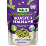 Purple package of DJ&A roasted edamame snack on a beige background