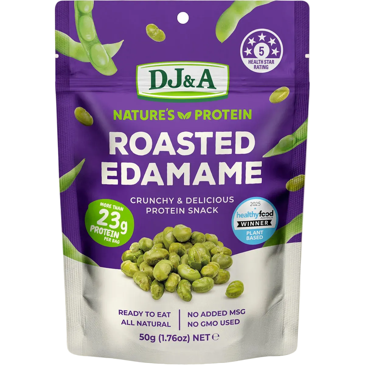 Purple package of DJ&A roasted edamame snack on a beige background