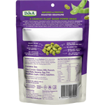 Back view of a purple bag of DJ&A Nature's & Protein Roasted Edamame snack, showing product details, ingredients, nutrition facts, and a barcode on a white background.