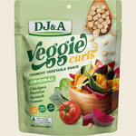 90g bag of DJ&A Original Veggie Curls featuring colorful vegetable illustrations on a dark background.
