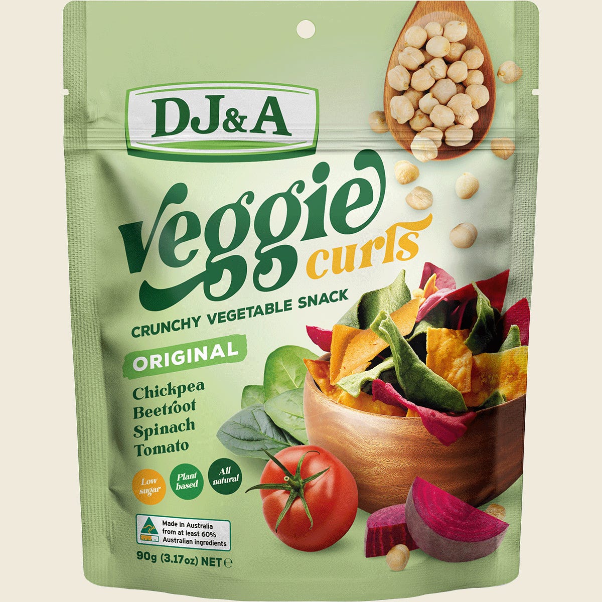 90g bag of DJ&A Original Veggie Curls featuring colorful vegetable illustrations on a dark background.