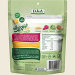 Back of DJ&A Veggie Curls Original bag showing nutrition facts, ingredients, and plant-based snack benefits.
