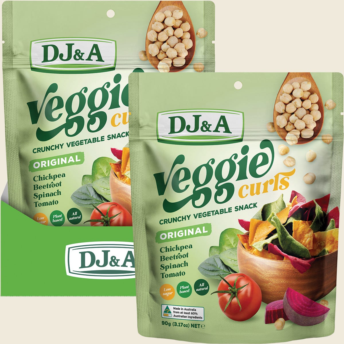 A 9-pack of DJ&A Original Veggie Curls and an individual 90g bag featuring colorful vegetable illustrations.