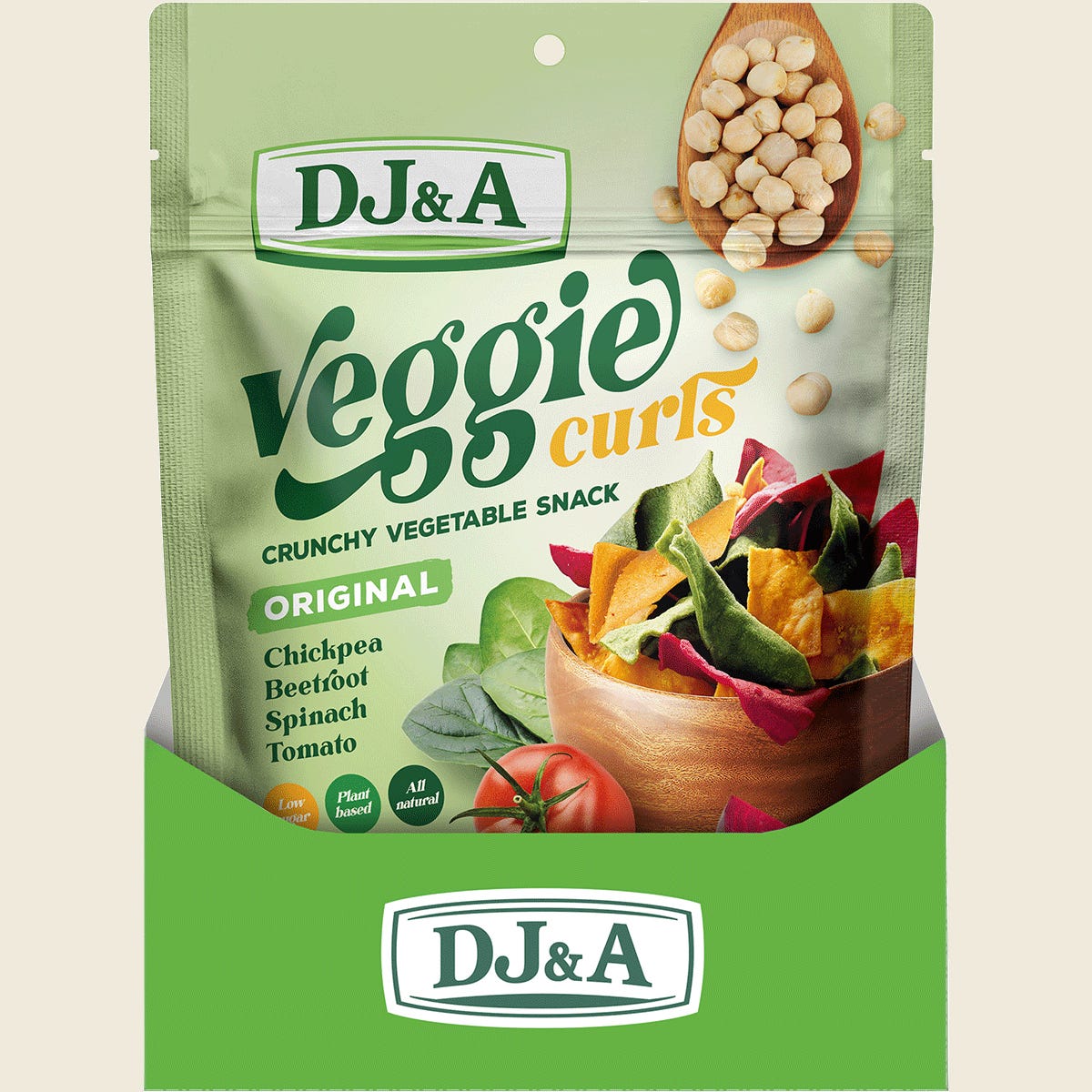 Retail display box of DJ&A Veggie Curls Original with multiple 90g snack packs on a white background.
