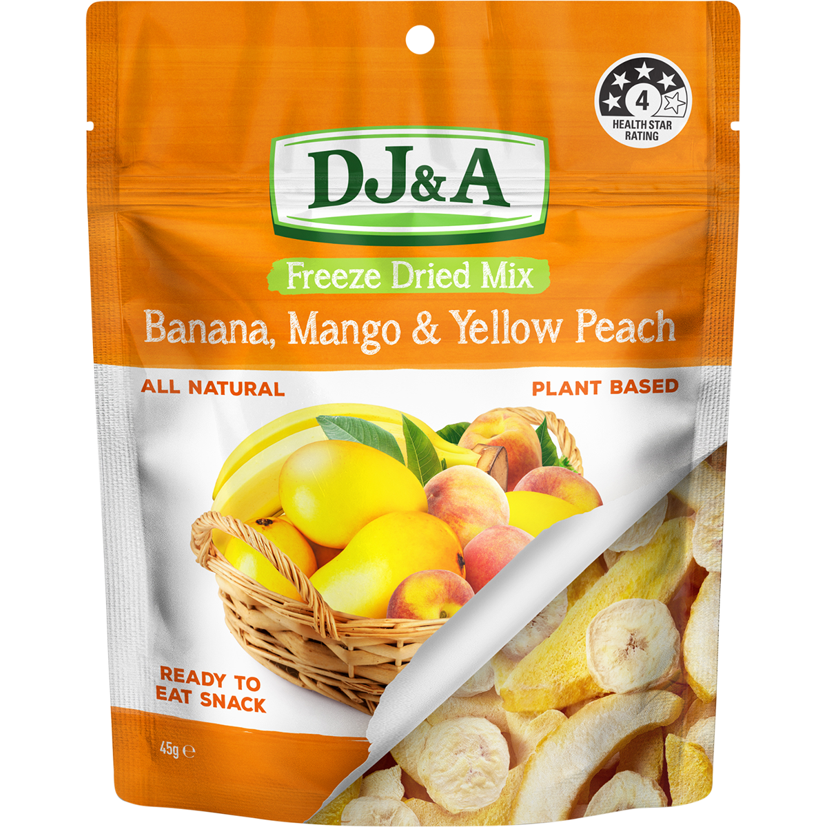 A 450g stand-up pouch of DJ&A Freeze Dried Mix Banana, Mango & Yellow Peach. The packaging is orange and white with a clear window showing dried fruit slices, and includes a 4-star Health Star Rating badge.