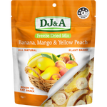 A 450g stand-up pouch of DJ&A Freeze Dried Mix Banana, Mango & Yellow Peach. The packaging is orange and white with a clear window showing dried fruit slices, and includes a 4-star Health Star Rating badge.