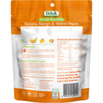 A stand-up pouch of DJ&A Freeze Dried Mix Banana, Mango & Yellow Peach, showing the front and back packaging details against a white background.