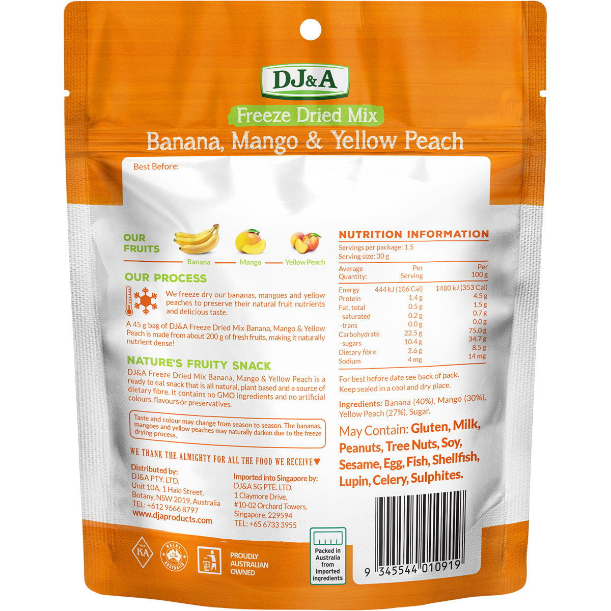 A stand-up pouch of DJ&A Freeze Dried Mix Banana, Mango & Yellow Peach, showing the front and back packaging details against a white background.