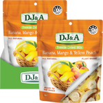 Two bags of DJ&A Freeze Dried Mix Banana, Mango & Yellow Peach snack pouches shown on a plain white background, with one bag in front and a second bag behind it.
