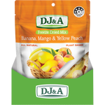 A stand-up pouch of DJ&A Freeze Dried Mix Banana, Mango & Yellow Peach. The packaging features an orange top half with the DJ&A logo, a white middle section with fruit illustrations, and a green bottom section with the DJ&A logo.