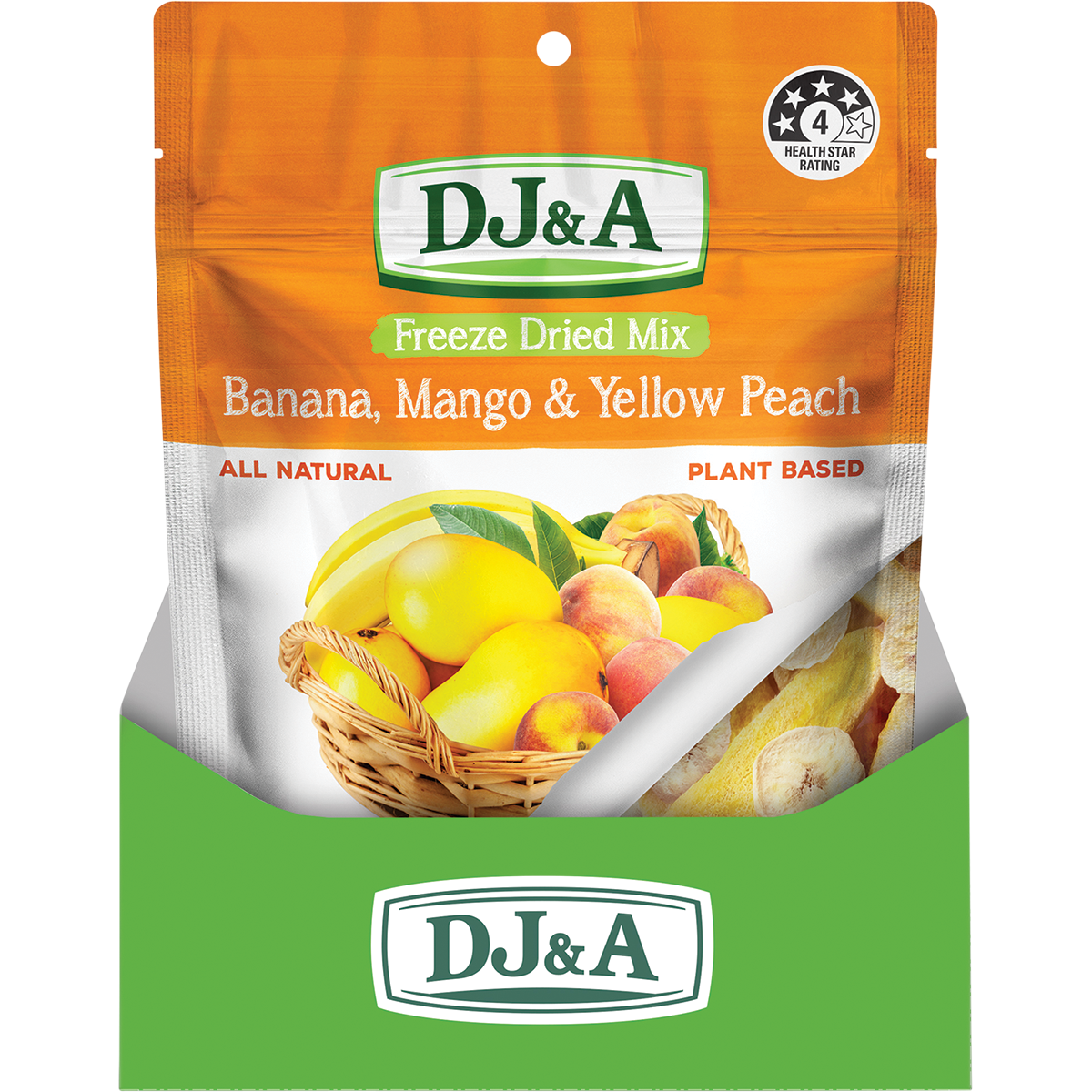 A stand-up pouch of DJ&A Freeze Dried Mix Banana, Mango & Yellow Peach. The packaging features an orange top half with the DJ&A logo, a white middle section with fruit illustrations, and a green bottom section with the DJ&A logo.