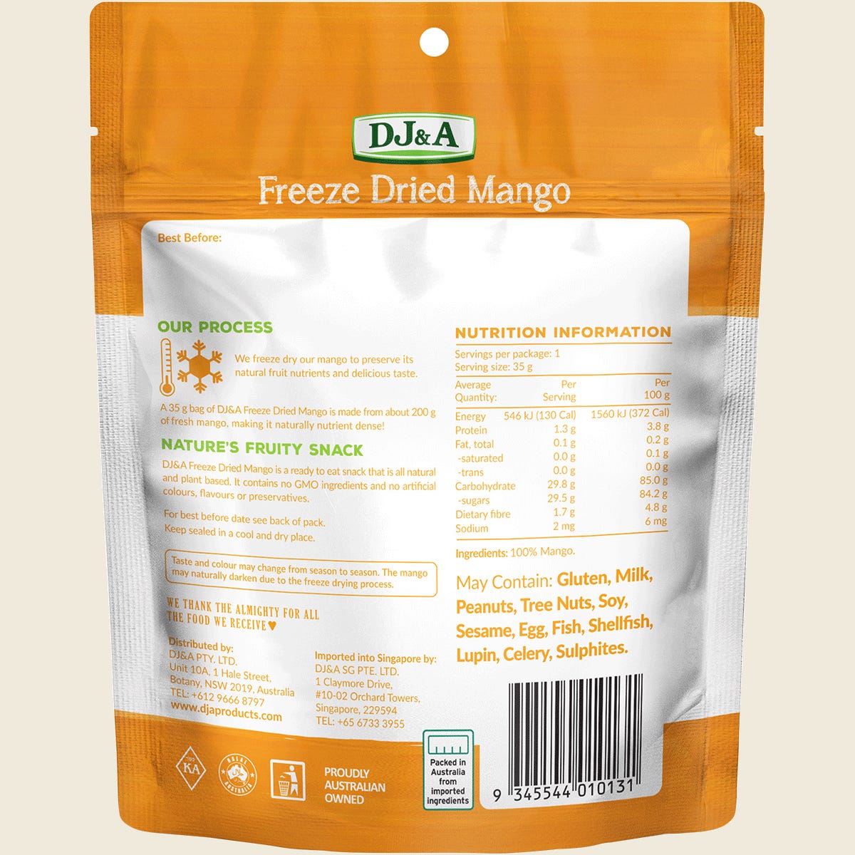 Back of DJ&A Freeze Dried Mango 35g bag with nutrition facts, ingredients, and product features.