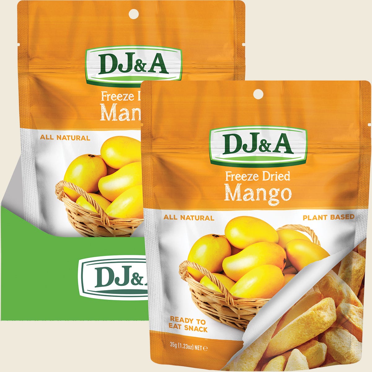 DJ&A Freeze Dried Mango 35g bag and scattered dried mango pieces on a white background.