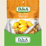 Retail display box with ten 35g packs of DJ&A Freeze Dried Mango on a white background.