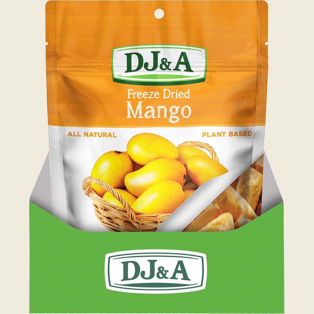 Retail display box with ten 35g packs of DJ&A Freeze Dried Mango on a white background.