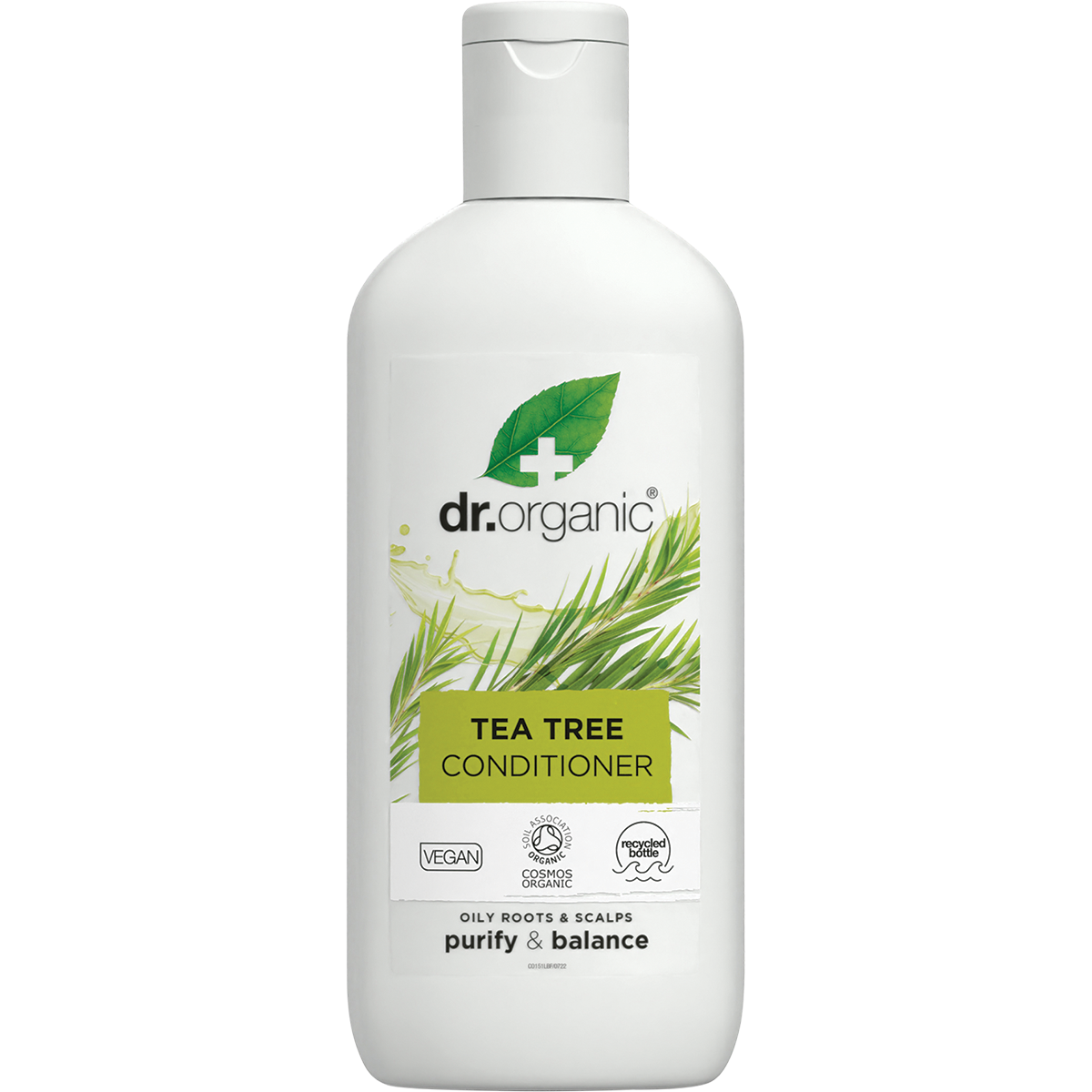 265ml bottle of Dr Organic Tea Tree Conditioner for oily hair, featuring a white cap and green botanical illustrations.
