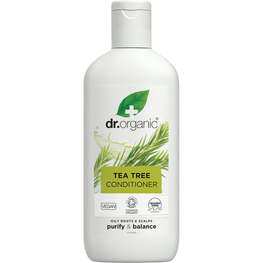 265ml bottle of Dr Organic Tea Tree Conditioner for oily hair, featuring a white cap and green botanical illustrations.