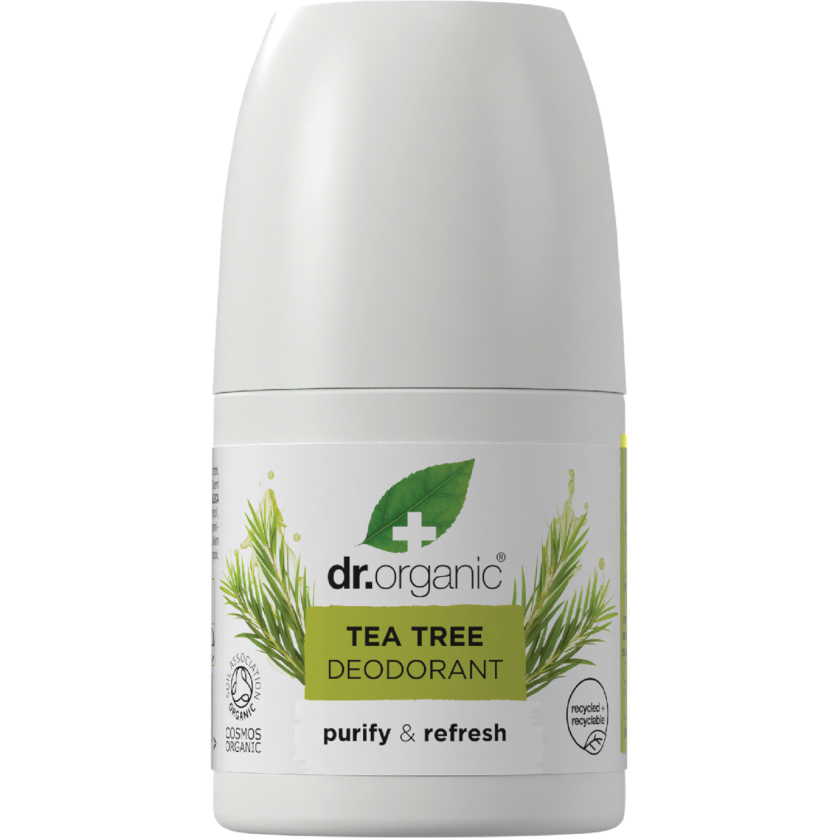 Dr Organic Tea Tree roll-on deodorant 50ml bottle with a white cap and green tea tree leaf illustrations.