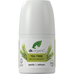 Dr Organic Tea Tree roll-on deodorant 50ml bottle with a white cap and green tea tree leaf illustrations.
