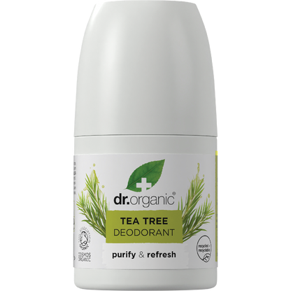 Dr Organic Tea Tree roll-on deodorant 50ml bottle with a white cap and green tea tree leaf illustrations.