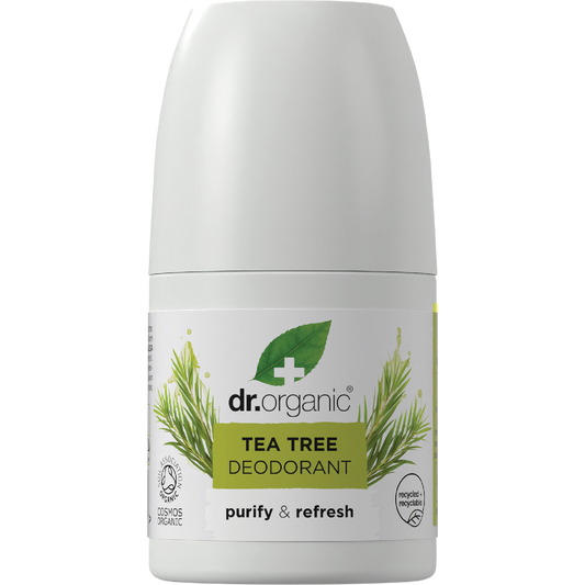 Dr Organic Tea Tree roll-on deodorant 50ml bottle with a white cap and green tea tree leaf illustrations.