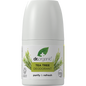 Dr Organic Tea Tree roll-on deodorant 50ml bottle with a white cap and green tea tree leaf illustrations.