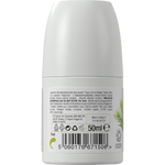 Back of Dr Organic Tea Tree roll-on deodorant bottle showing ingredients and directions on a green and white label.