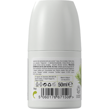 Back of Dr Organic Tea Tree roll-on deodorant bottle showing ingredients and directions on a green and white label.