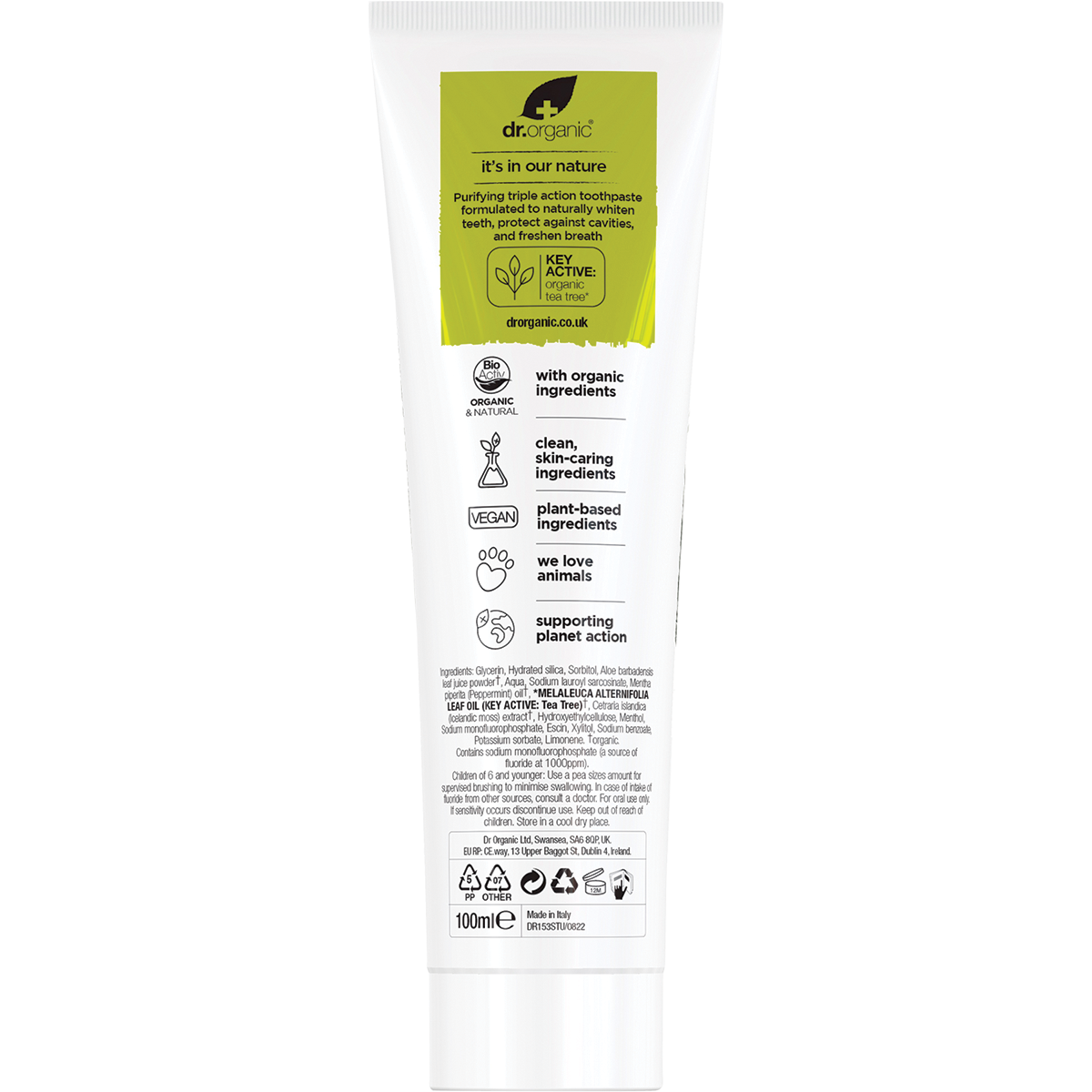 Back of Dr Organic Tea Tree Toothpaste tube with ingredients, usage directions, and organic certification.