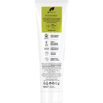 Back of Dr Organic Tea Tree Toothpaste tube with ingredients, usage directions, and organic certification.