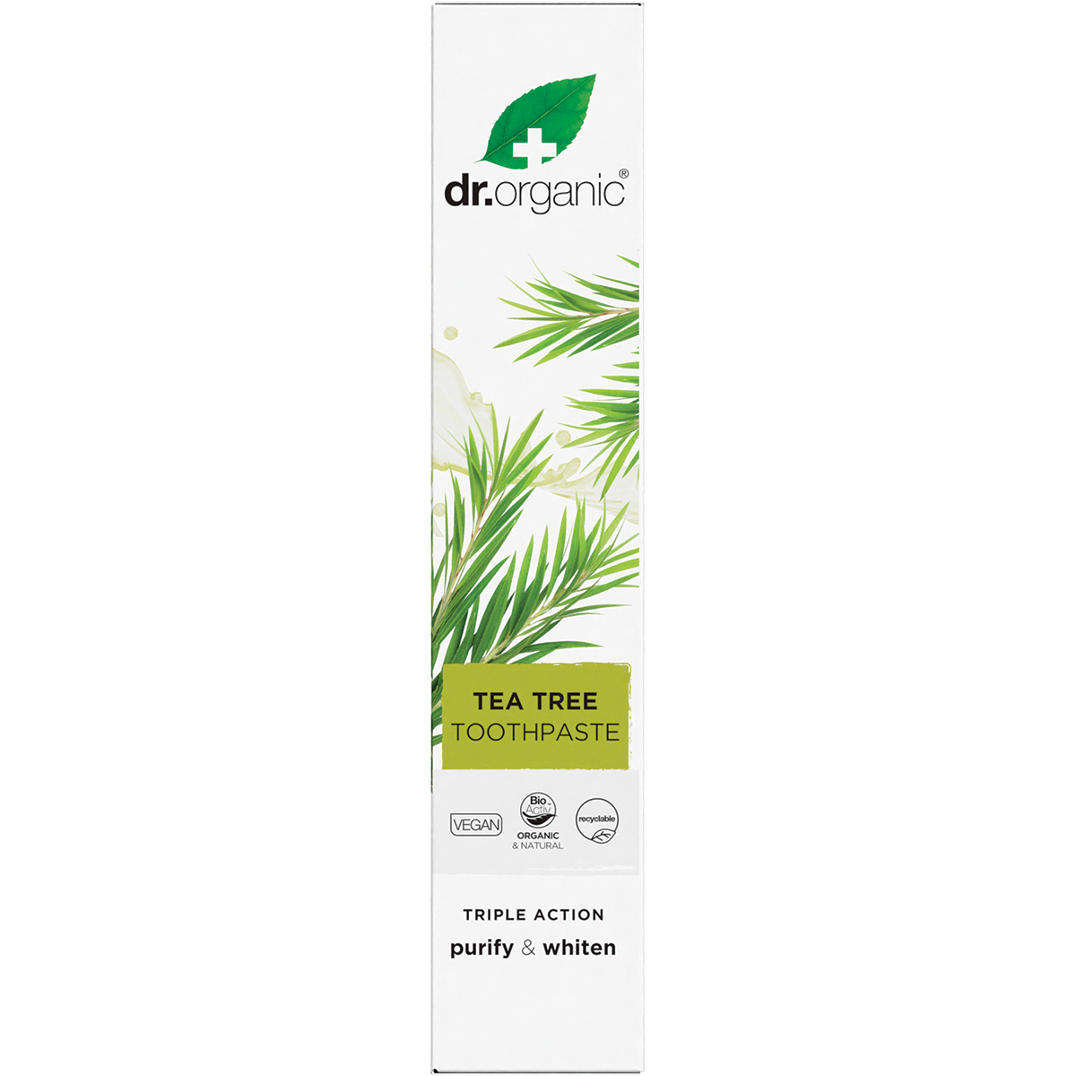 Box of Dr Organic Tea Tree Toothpaste 100ml featuring whitening, anti-cavity, and purifying properties.