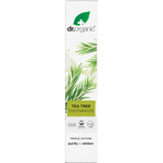 Box of Dr Organic Tea Tree Toothpaste 100ml featuring whitening, anti-cavity, and purifying properties.