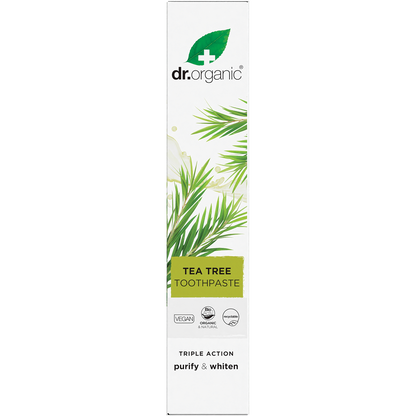 Box of Dr Organic Tea Tree Toothpaste 100ml featuring whitening, anti-cavity, and purifying properties.
