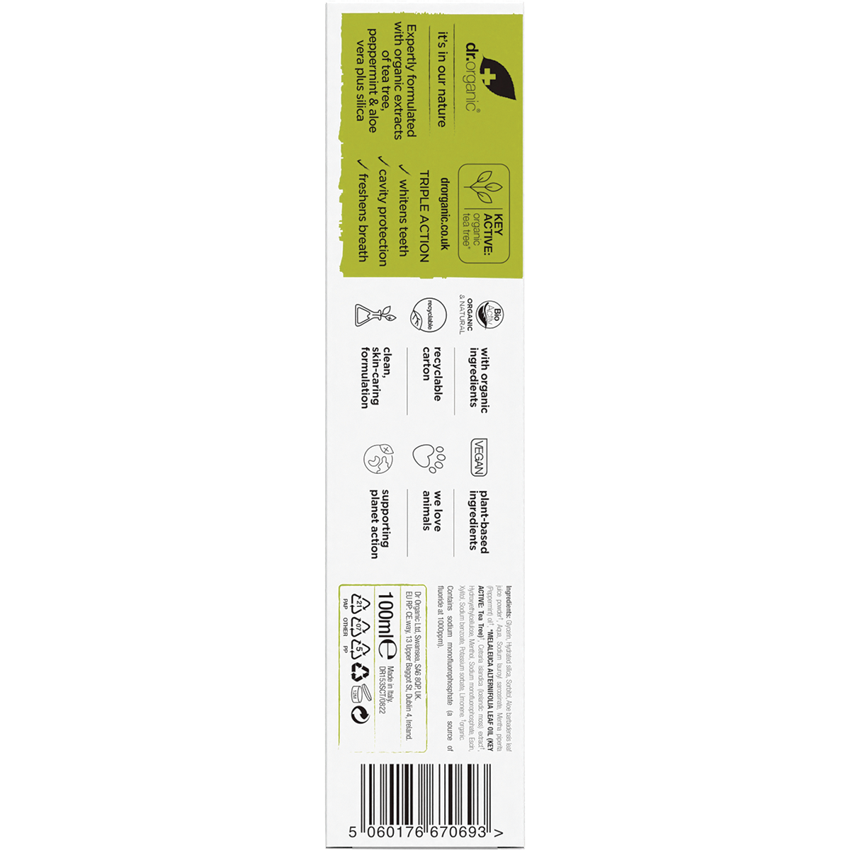 Back of Dr Organic Tea Tree Toothpaste box with ingredients, directions, and organic certification details.