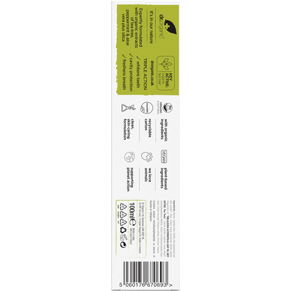 Back of Dr Organic Tea Tree Toothpaste box with ingredients, directions, and organic certification details.