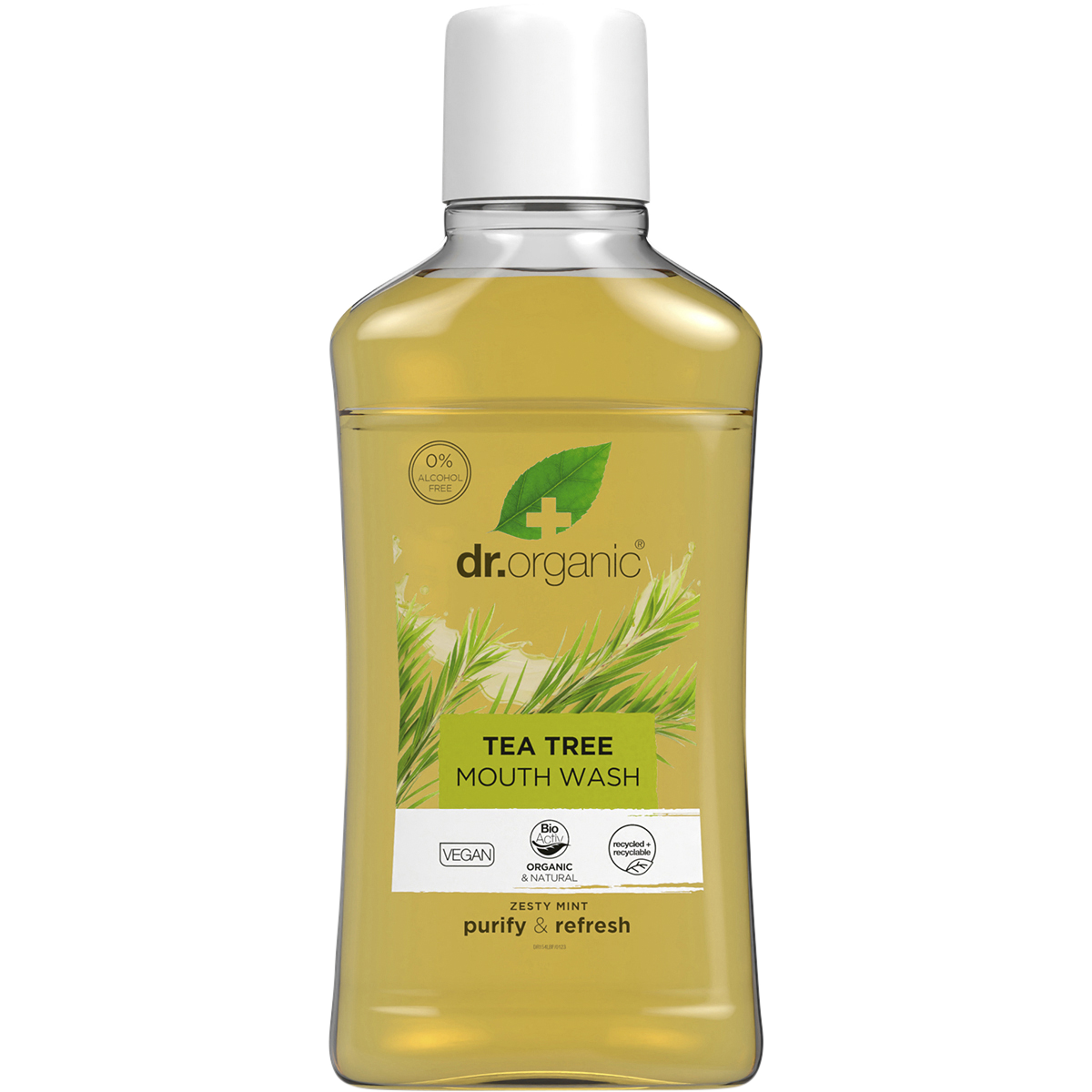 500ml bottle of Dr Organic Tea Tree Mouthwash, an alcohol-free purifying oral rinse with a green and white label.