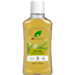 500ml bottle of Dr Organic Tea Tree Mouthwash, an alcohol-free purifying oral rinse with a green and white label.