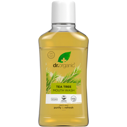 500ml bottle of Dr Organic Tea Tree Mouthwash, an alcohol-free purifying oral rinse with a green and white label.
